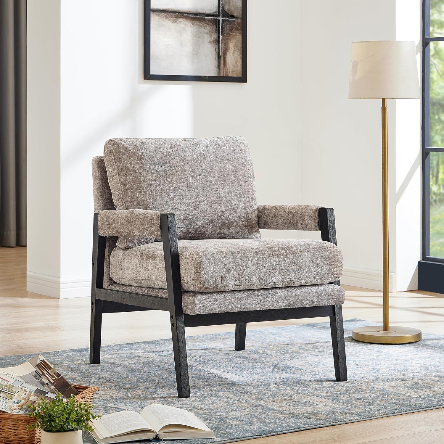 Roundhill Furniture Kelly Mid-Century Modern Chenille Upholstered Accent Armchair, Gray
