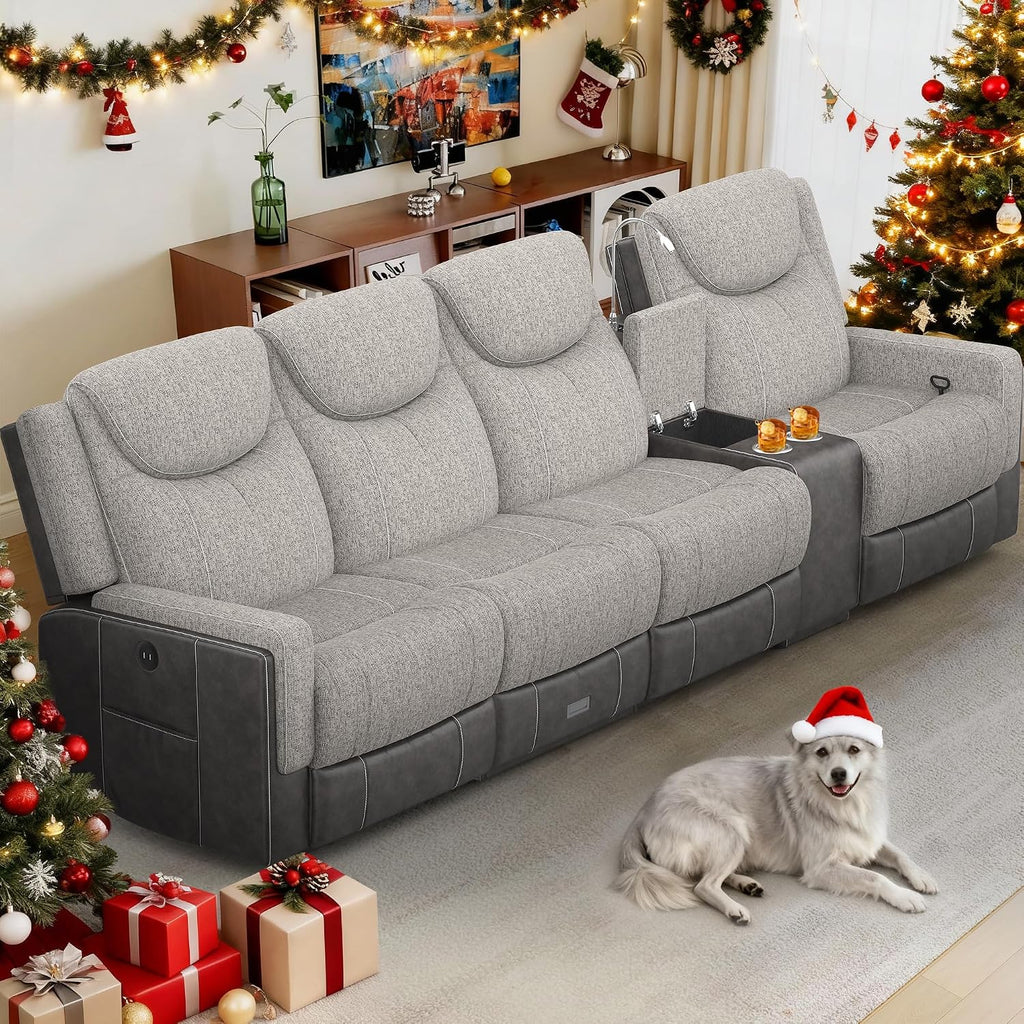Dresegmt 4 Seat Recliner Sofa, Manual Recliner Couch with Storage Console, Cup Holder, USB Port & Reading Light, Grey Linen & PU Leather 4 Seater Sofa Recliner for Living Room, Theater Seating