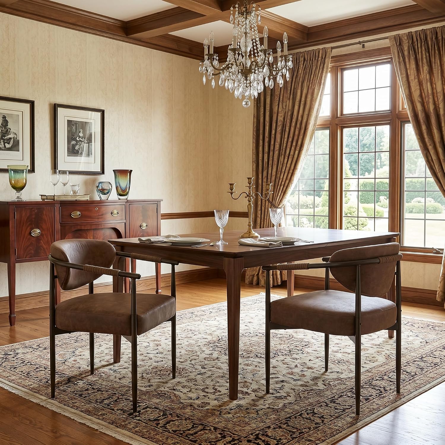 Christopher Knight Home Hyeok Modern Upholstered Dining Chairs Set of 2, Armchair Set with Metal Frame, Comfy Accent Chair with PU Leather Backrest/Seat Cushions for Kitchen/Dining Room, Brown