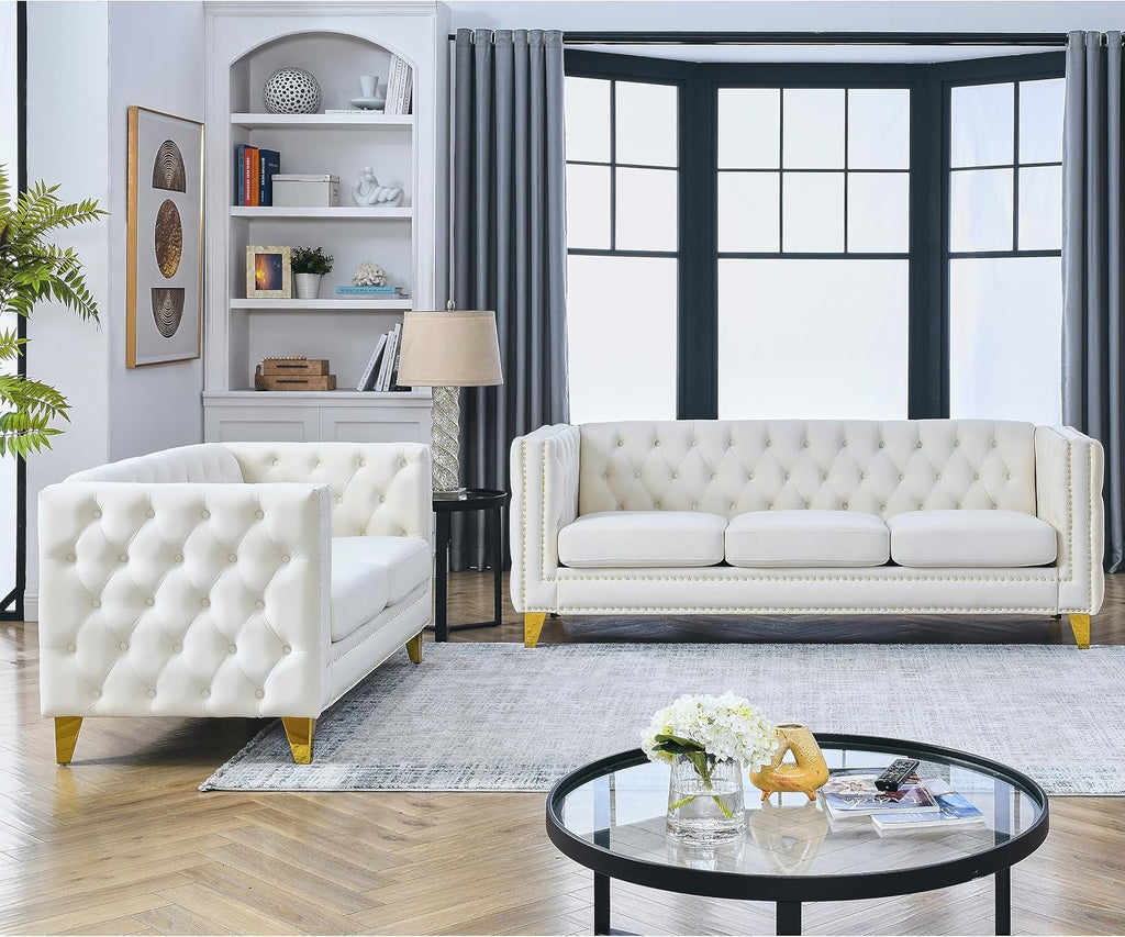 KEIKI Tufted Velvet 3+2 Seat Sofa Couch for Living Room, Buttons Tufted Square Arm Couch for Home Apartment, Beige