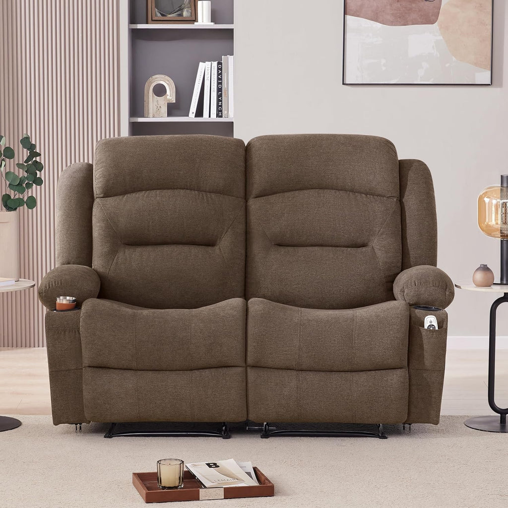 Weture Oversized Recliner Loveseat with Heat and Massage, Wall-Hugger Reclining Sofa with Cup Holders and USB Port, Big Large 2-Seater Double RV Recliner Loveseat for Living Room (Fabric, Brown)