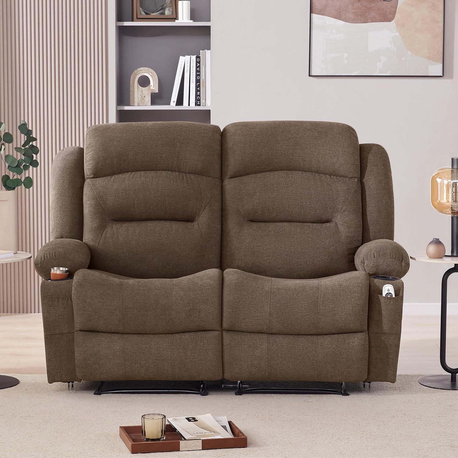 Weture Oversized Recliner Loveseat with Heat and Massage, Wall-Hugger Reclining Sofa with Cup Holders and USB Port, Big Large 2-Seater Double RV Recliner Loveseat for Living Room (Fabric, Brown)