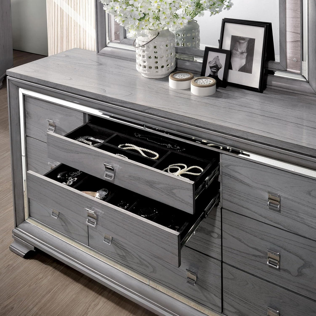 HOMES: Inside + Out Zenka Solid Wood 2-Piece Dresser and Nightstand Set with Metal Pulls, Mirror Trim, Felt-Lined Top Drawer, Easy Assembly for Bedroom, Guest Room, Light Gray