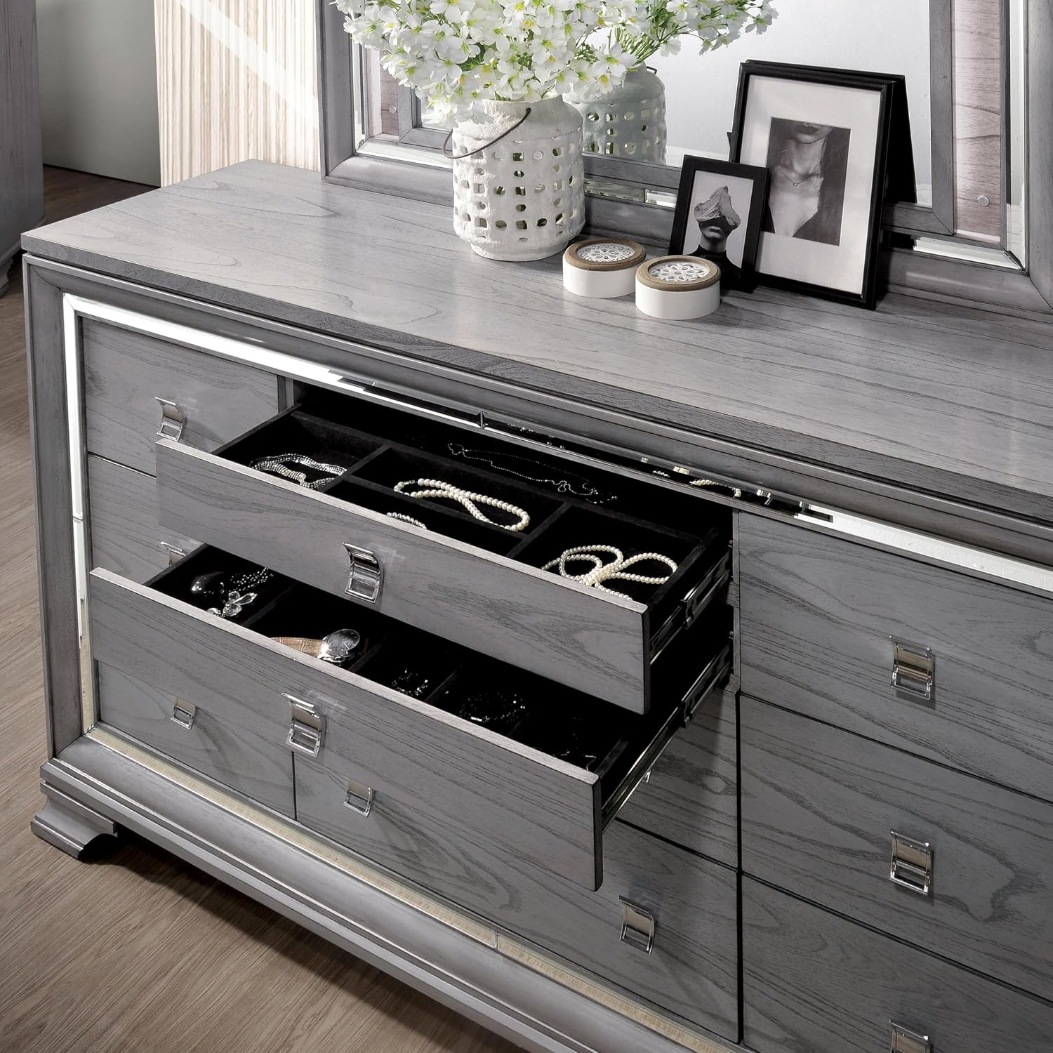 HOMES: Inside + Out Zenka Solid Wood 2-Piece Dresser and Nightstand Set with Metal Pulls, Mirror Trim, Felt-Lined Top Drawer, Easy Assembly for Bedroom, Guest Room, Light Gray