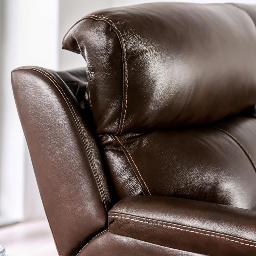 Furniture of America Corrals 77 inches Top Grain Leather Upholstered 2-Seater Power Recliner Loveseat with Cupholders and USB Port for Living Room, Home Office, Brown