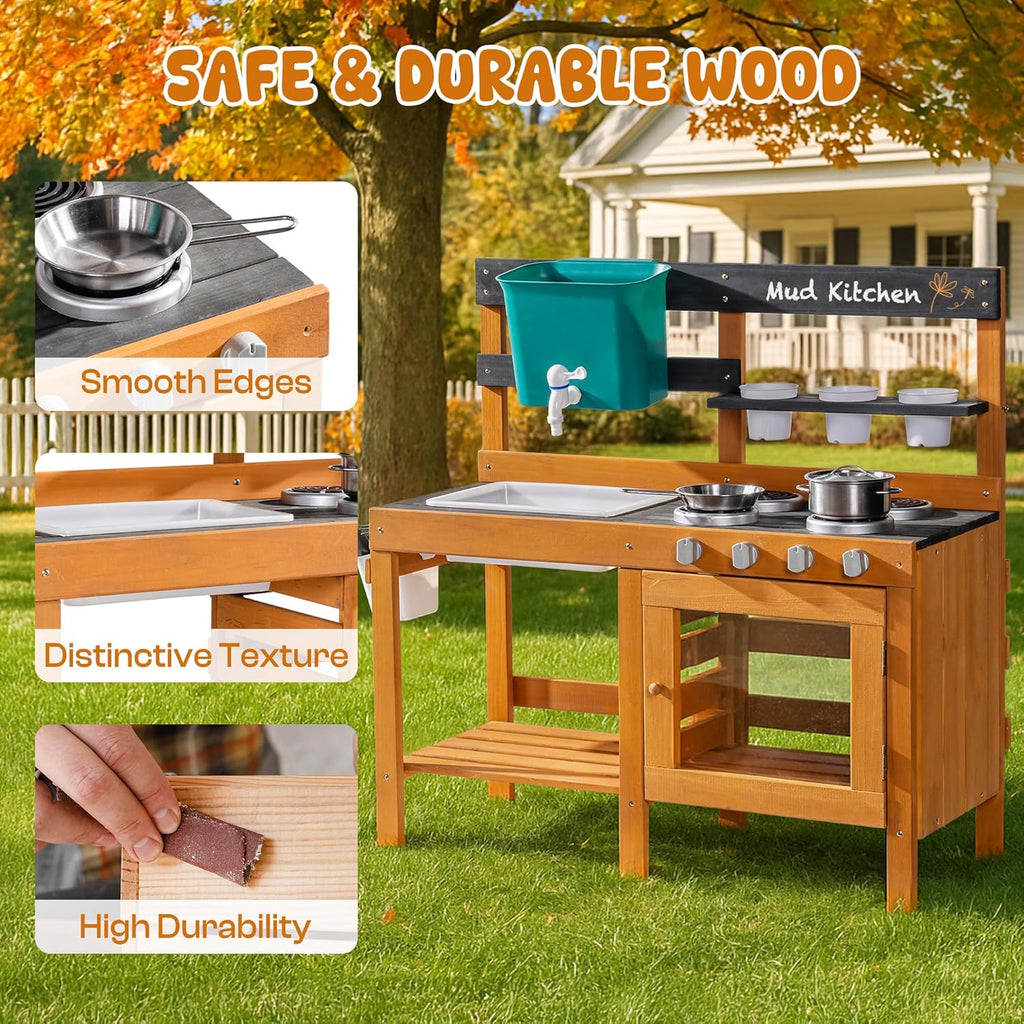 ROBOTIME Mud Kitchen for Kids Outdoor - Wooden Outdoor Play Kitchen Set with Real Water Play, Cooking Pots & Gardening Tools - Sensory Toy Kitchen for Pretend Play Ages 3+
