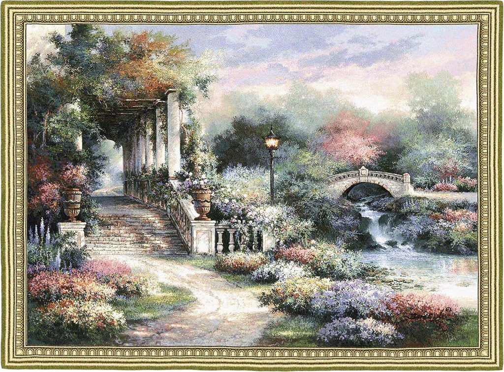 Classic Garden Retreat by James Lee | Woven Tapestry Wall Art Hanging | Scenic Flower Garden on Shimmering River Landscape | 100% Cotton USA Size 53x42
