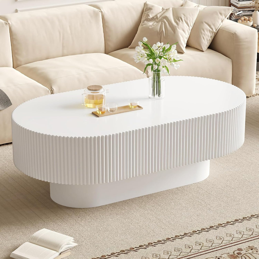 Merax Modern Large Oval Coffee Table with Sturdy Base, Wood Minimalist Fluted Center End Tables for Living Room Reception Room, Easy Assemble,White