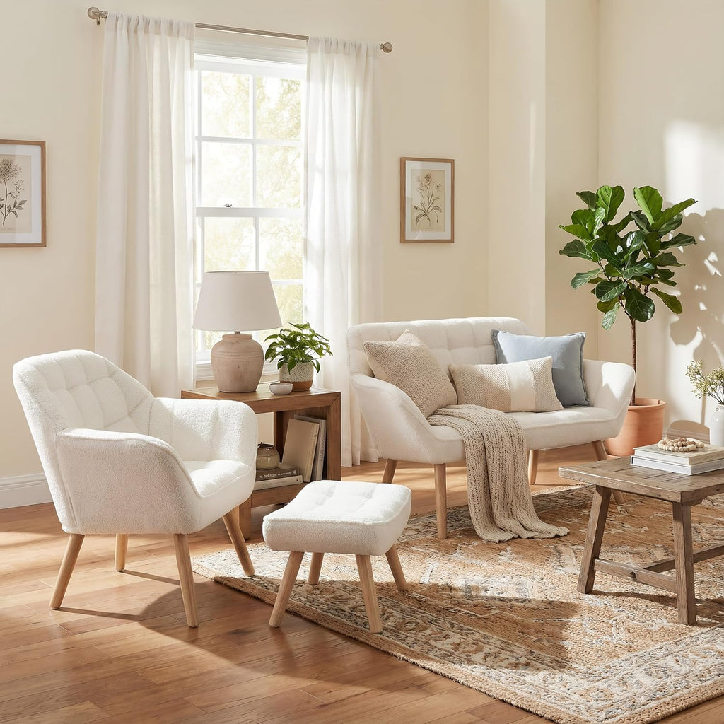 48'Small Loveseat Sofa, Modern Sherpa Upholstered Mini Couch 2-Seater Fluffy Love Seat with Quilting Backs and Wood Legs for Living Room, Bedroom and Small Space, White
