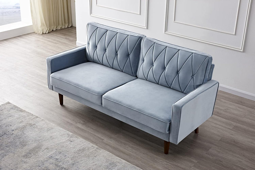 Container Furniture Modern Style Tufted Velvet Couches for Living Room with Soft Fabric Upholstery and Solid Wood Frame, 2 Piece Sofa and Loveseat Set, Light Grayish Cyan
