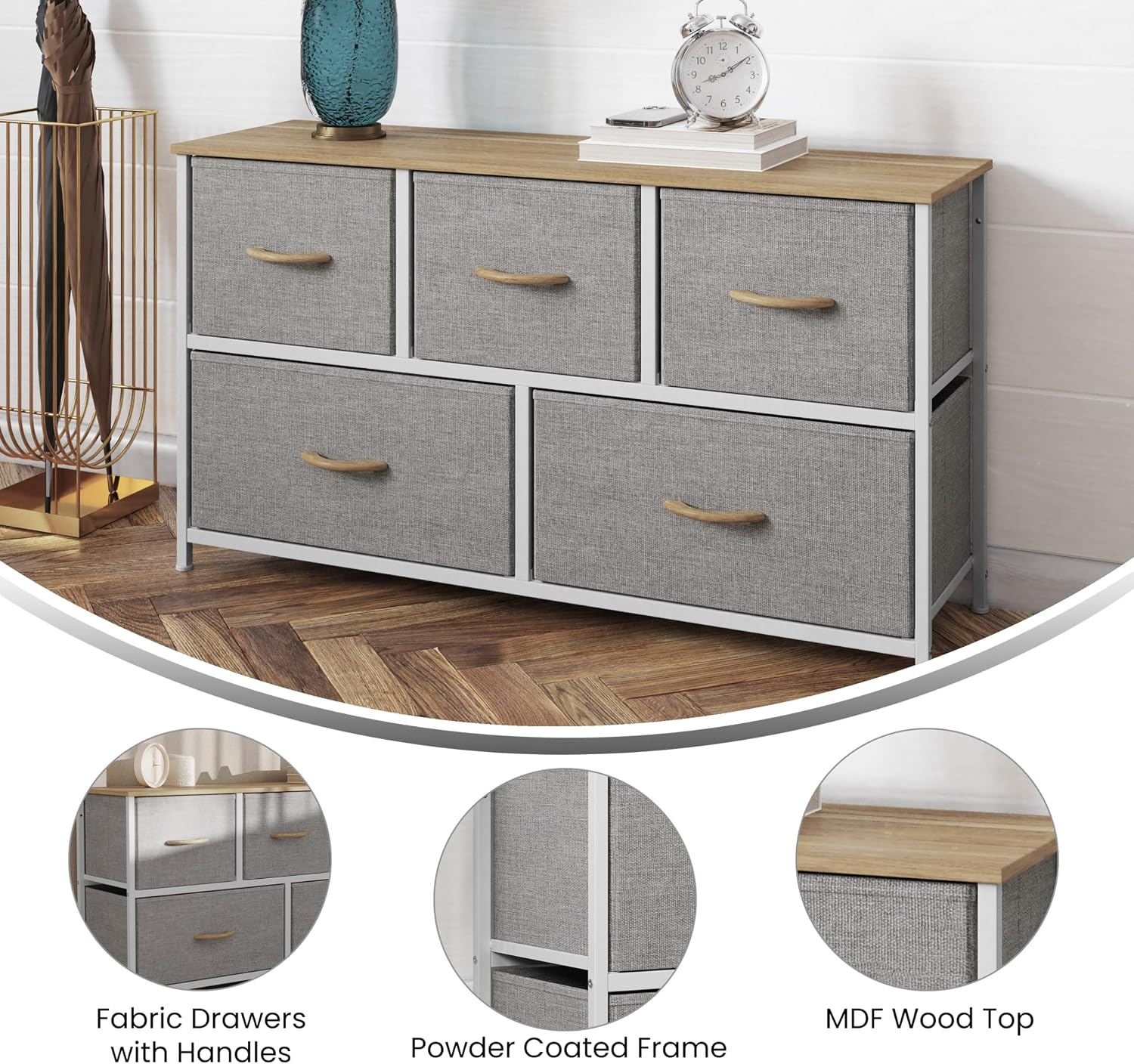 Flash Furniture Harris 5 Drawer Vertical Storage Dresser, Engineered Wood Top and Cast Iron Frame, Easy Pull Non-Woven Fabric Drawers with Wooden Handles, White/Beige