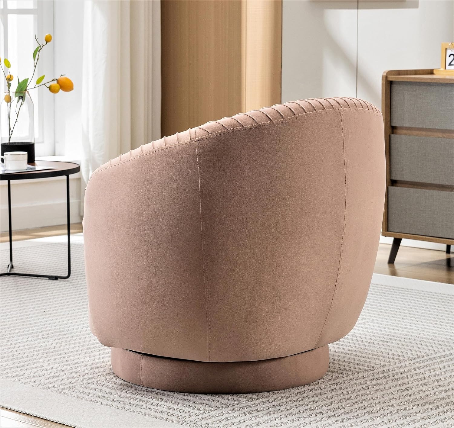 Container Furniture Direct Modern Barrel Swivel Chair with Plush Velvet Upholstery and Smooth 360° Rotation, Round Accent One-Seater Sofa for Living Room, Bedroom, and Office, Pink