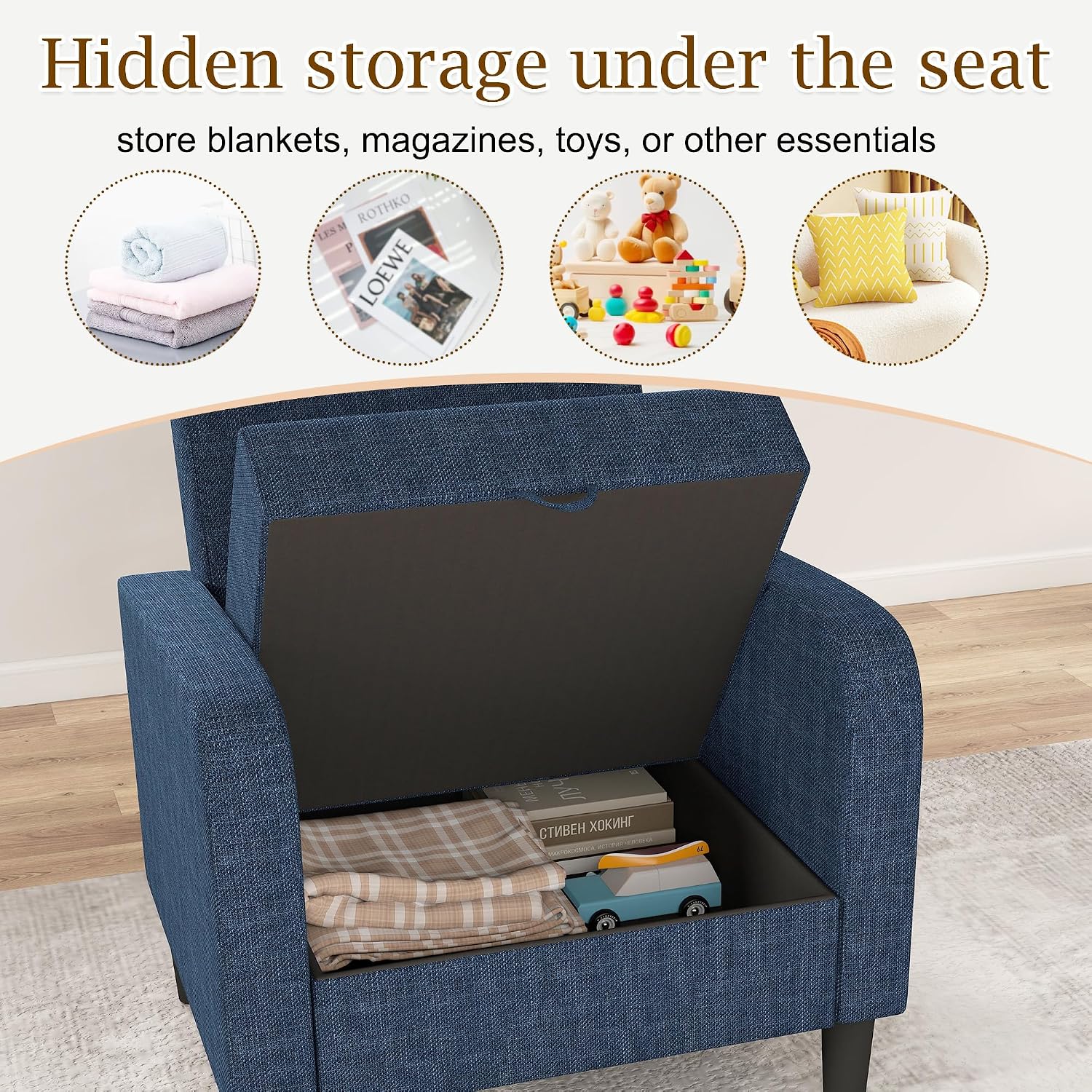 DAGONHIL Living Room Chair, Accent Chair Upholstered Reading Chair for Bedroom, Linen Fabric Armchair, Single Sofa for Living Room/Office/Library (Blue, 2 Pack)