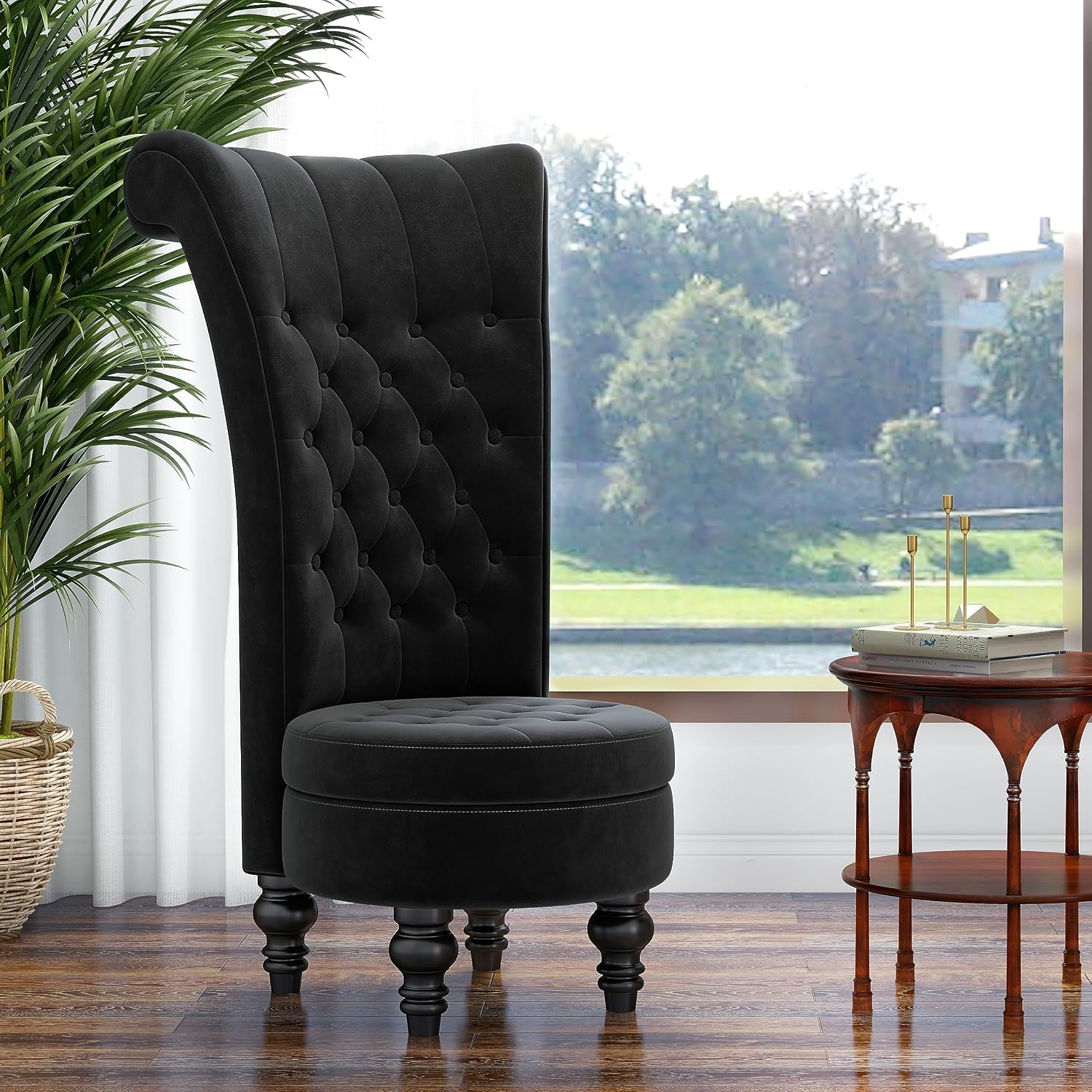 MU Retro High Back Armless Chair, Velvet Royal Furniture Chair, Upholstered Tufted Accent Seat for Living Room, Dressing Room, Bedroom, Black