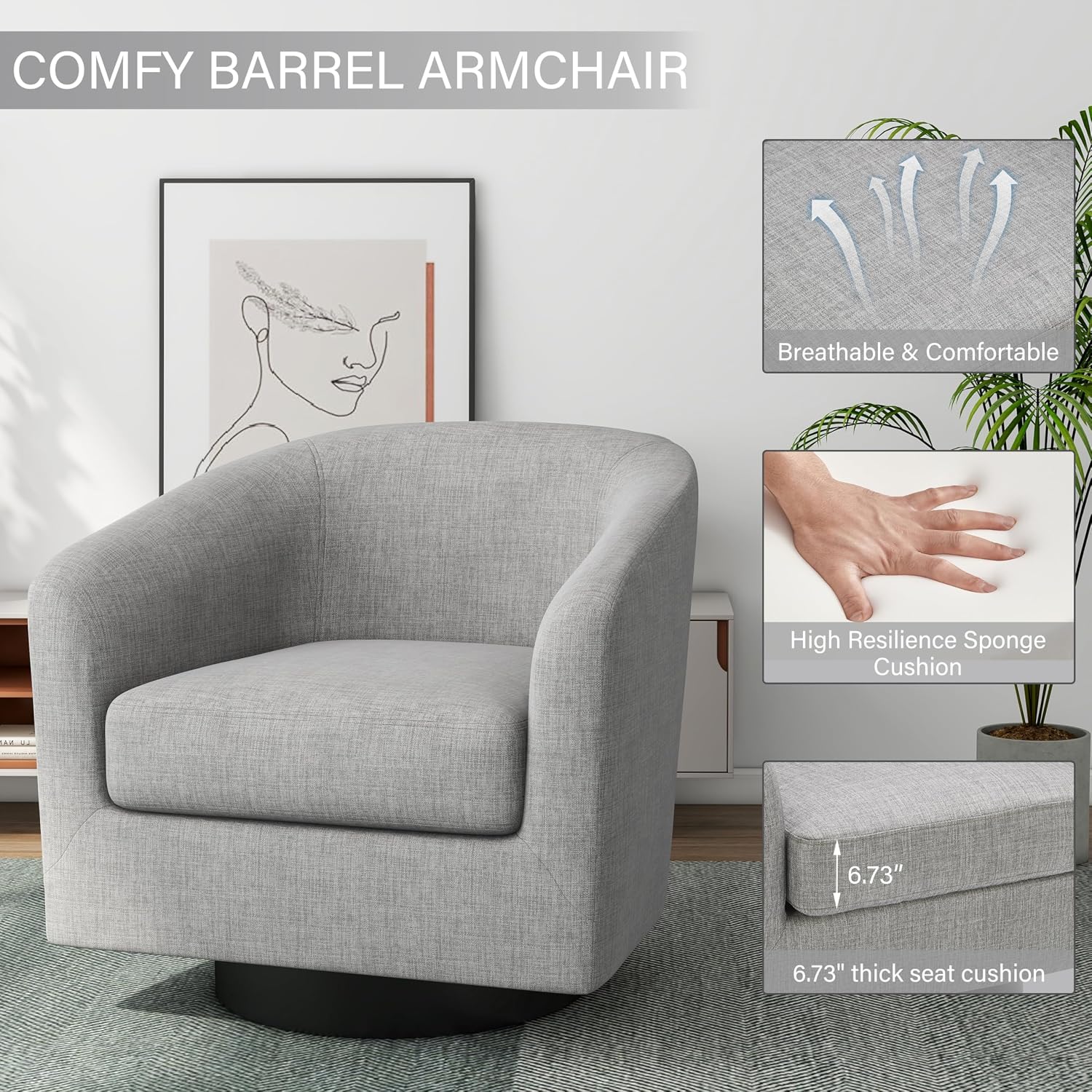 Pia Ricco Swivel Barrel Chairs Set of 2, 360° Swivel Round Accent Chair, Comfy Upholstered Fabric Single Sofa Club Armchair for Living Room/Reading Room/Bedroom, Light Grey