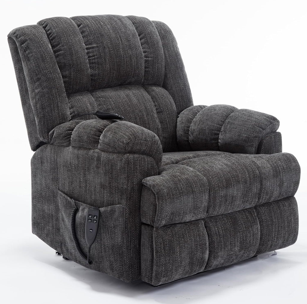 Power Lift Recliner Chair for Elderly, Oversized Chenille Electric Recliners Chairs for Living Room, Dual Motor 180° Lay Flat Recliner Big Sofa with Massage and Heating, Heavy-Duty, Grey