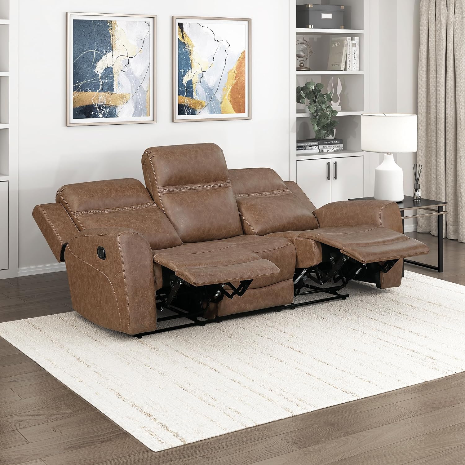 Lexicon 85' W Manual Double Reclining Sofa - Polished Microfiber Wall Hugger Manual 3 Seater Recliner Couch, Comfort Armrests, for Living Room, Home Theater, Easy Assembly, Brown