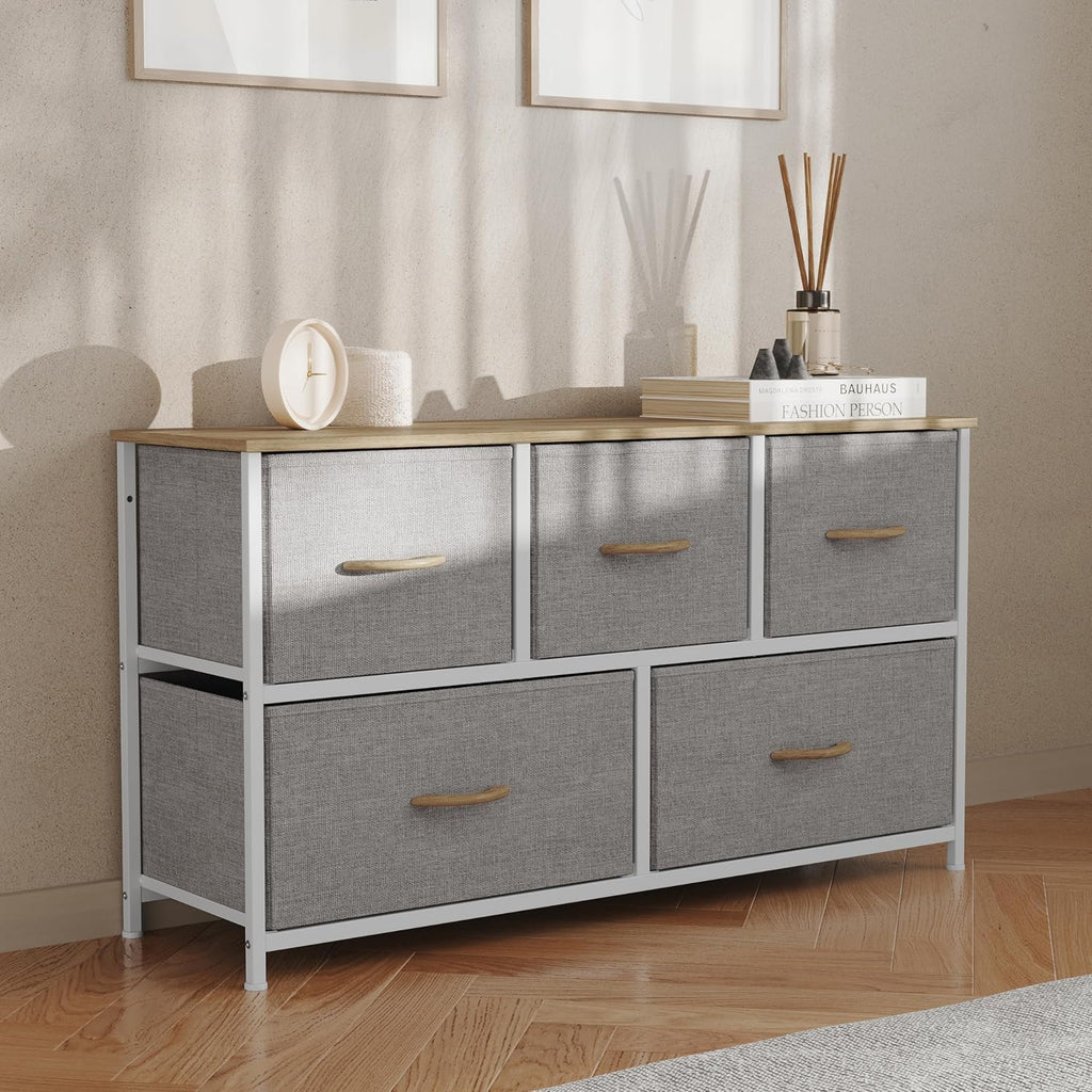 Flash Furniture Harris 5 Drawer Vertical Storage Dresser, Engineered Wood Top and Cast Iron Frame, Easy Pull Non-Woven Fabric Drawers with Wooden Handles, White/Beige