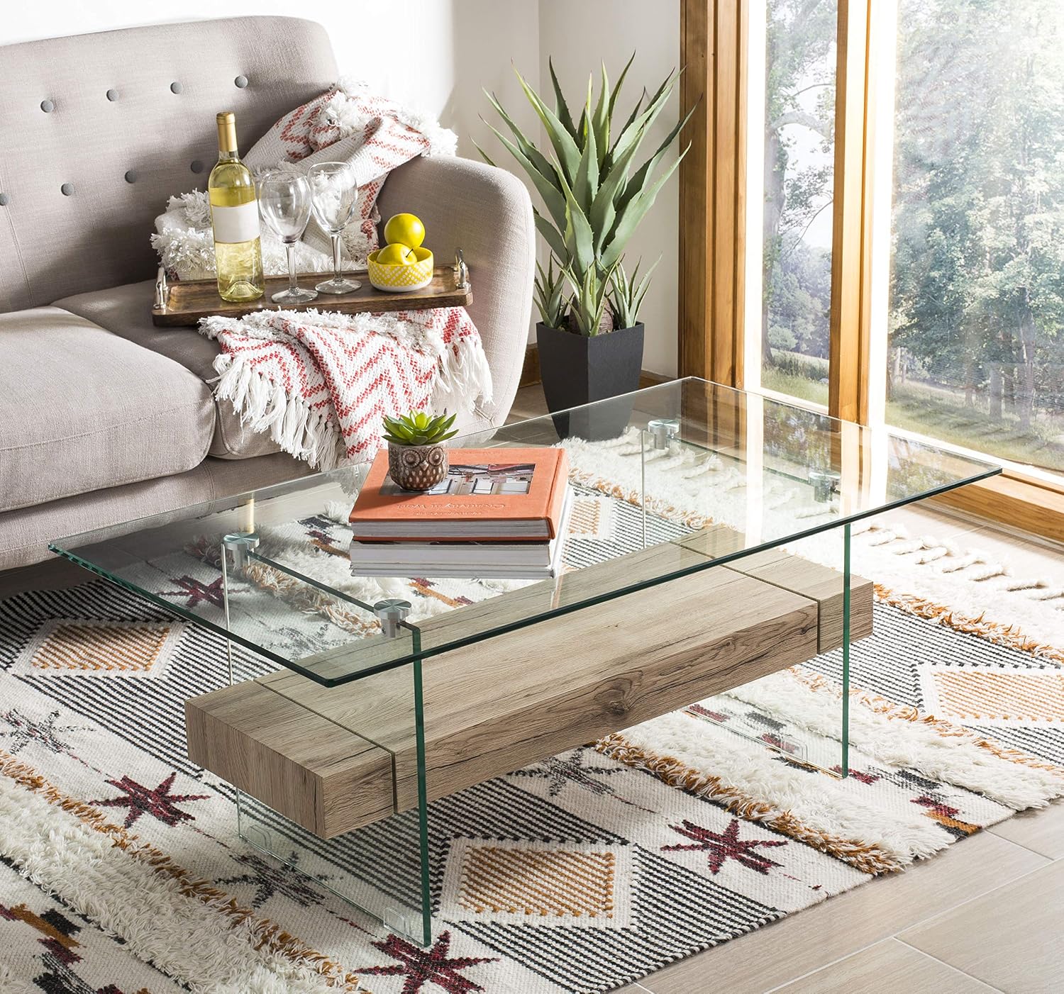 SAFAVIEH Home Collection – Kayley Rectangular Glass Coffee Table with Wood Shelf, Modern Open Frame Accent Table for Living Room (COF7004A)