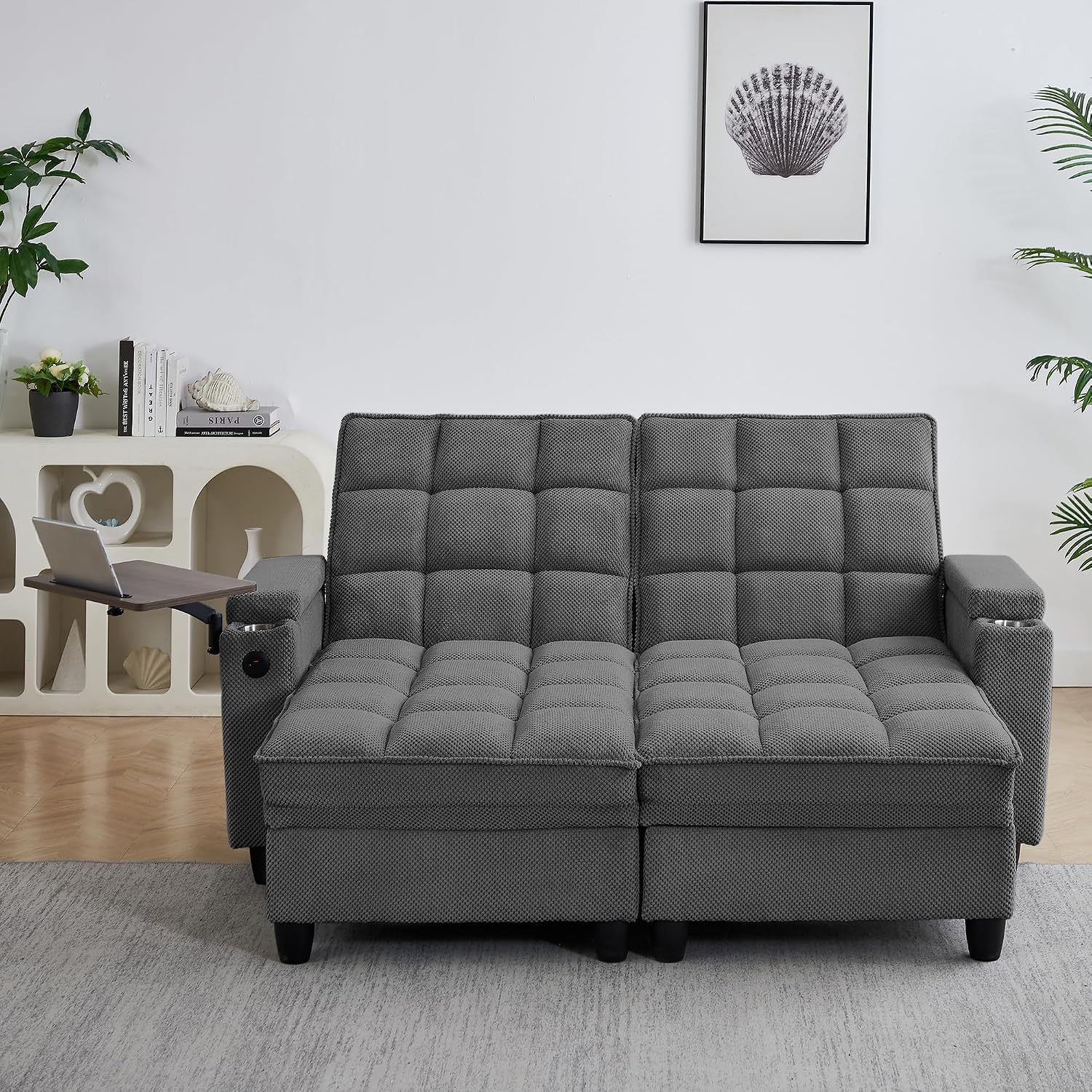 Eafurn Double Chaise Lounge Convertible Sleeper Chair Sofabed W/Storage and 6-Position Reclining Backrest, Modern Tufted Recliner Lounge Chaise Couch with Swivel Table & USB for Living Room