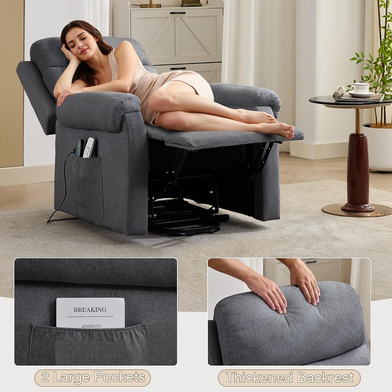 LOUVIXA Power Lift Recliner Chair Recliners for Elderly with Heat and Massage Recliner Chair for Living Room with Infinite Position and Side Pocket, USB Charge Port (Modern Grey)
