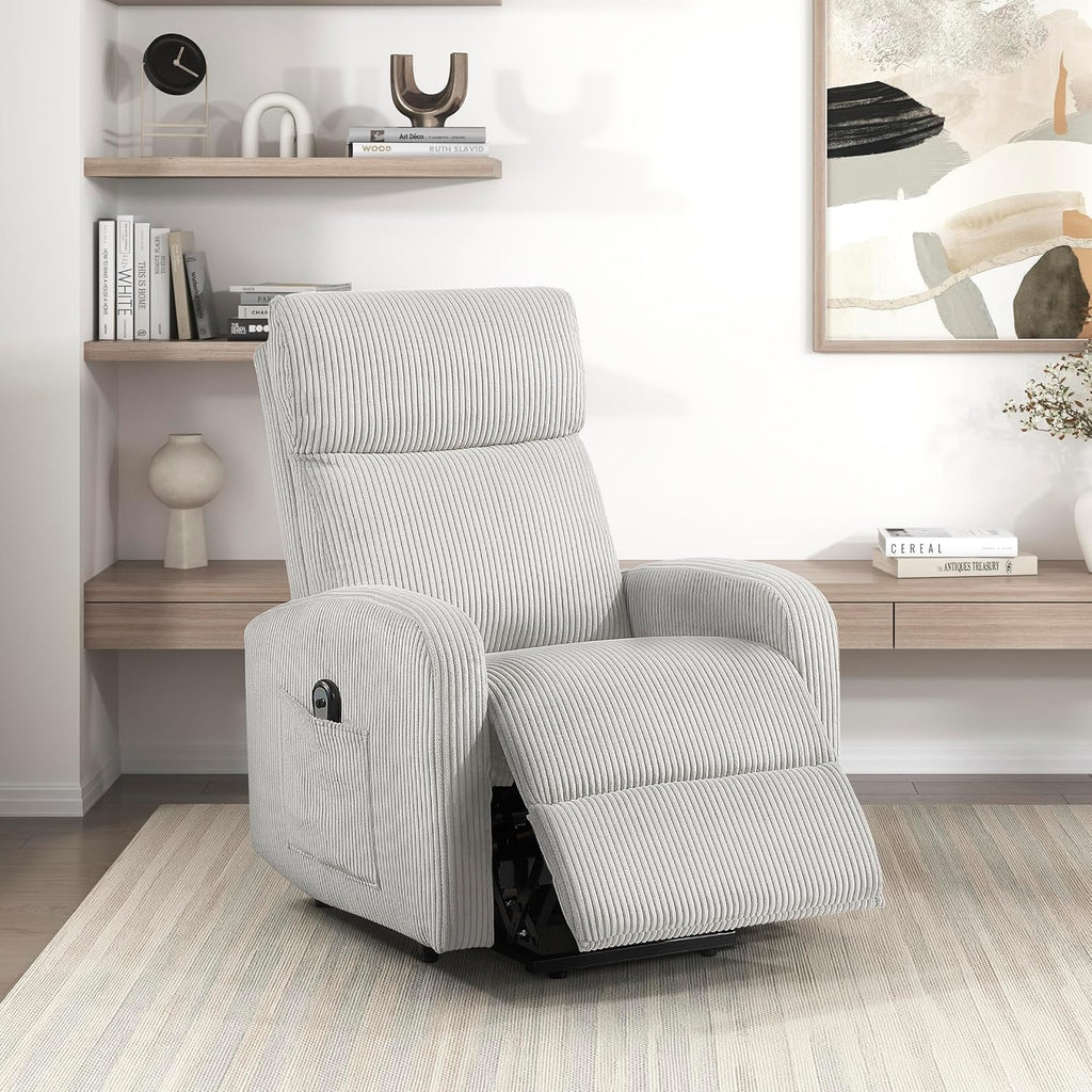Lexicon Power Lift Recliner Chair for Elderly with Remote Control, Gentle Lift Motion, Side Pocket Armrest, Corduroy Upholstered Electric Recliner for Living Room/Bedroom, Easy Assembly, Light Gray