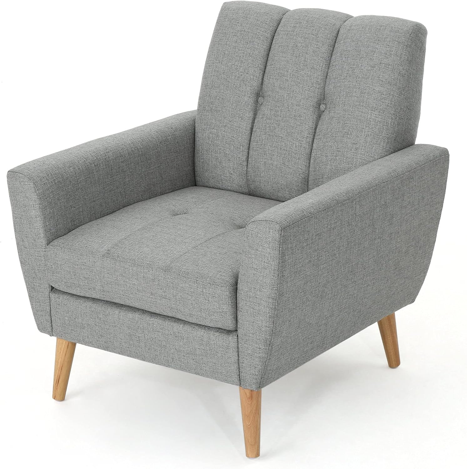 Christopher Knight Home Azjzi Mid-Century Club Chair, Button Tufted Back Upholstered Fabric Accent Chair with Rubberwood Legs, Living Room Armchair, 33.5' High, Gray