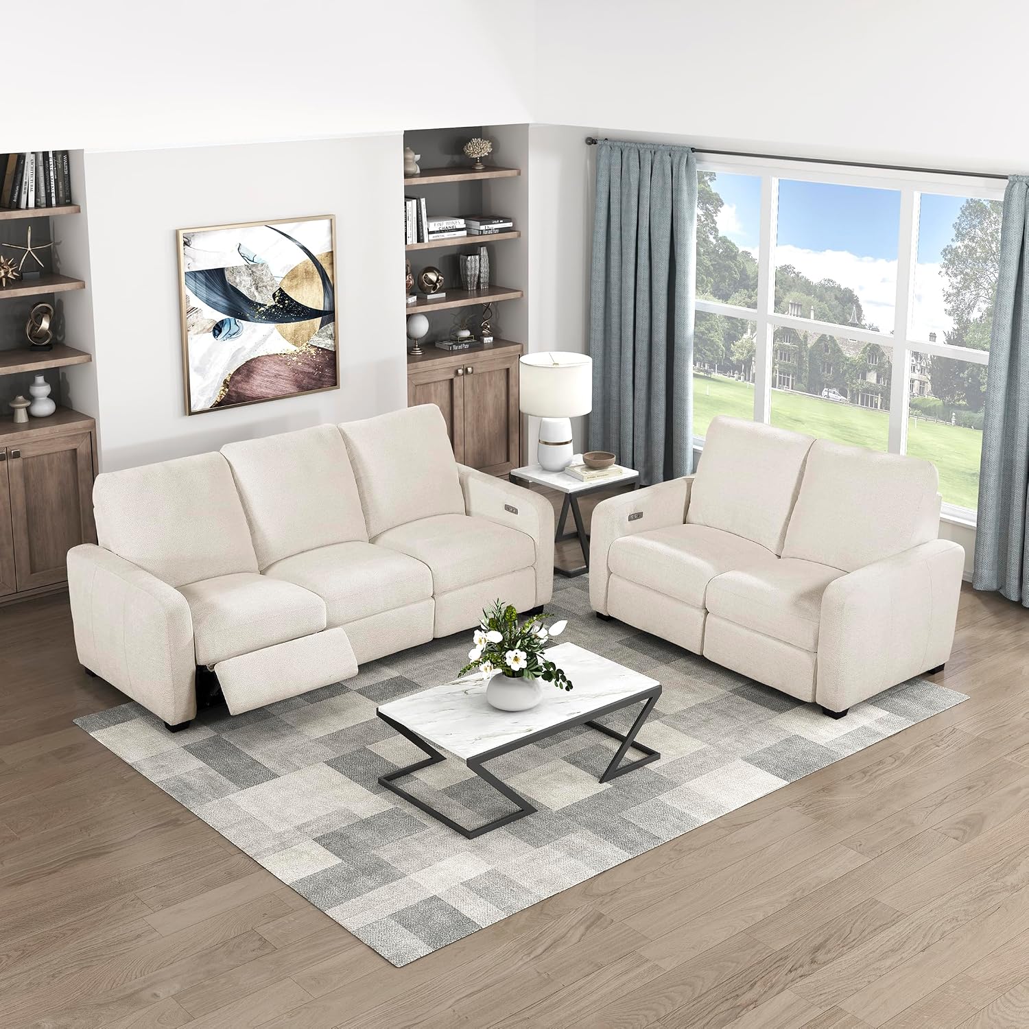 Lexicon 2 Piece Living Room Furniture Sets, Chenille Power Reclining Sofa Set with Track Arm, Charging Ports, Wall Hugger Power Double Reclining Sofa & Loveseat, 2 Pieces, Beige