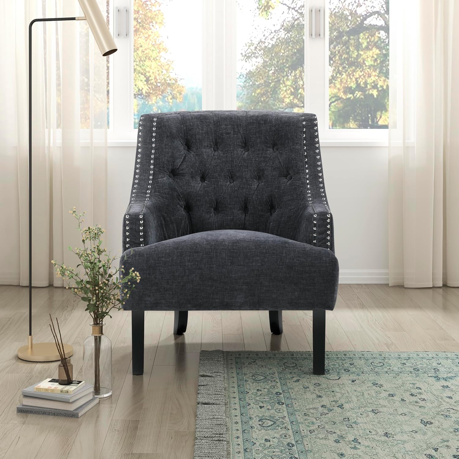 Lexicon Accent Chair Reading Chair Comfy Chair for Bedroom, Upholstered Armchair with Solid Wood Frame, Tufted Cushion Nail Head Trim, Single Sofa Chair for Living Room, Office, Black Chenille