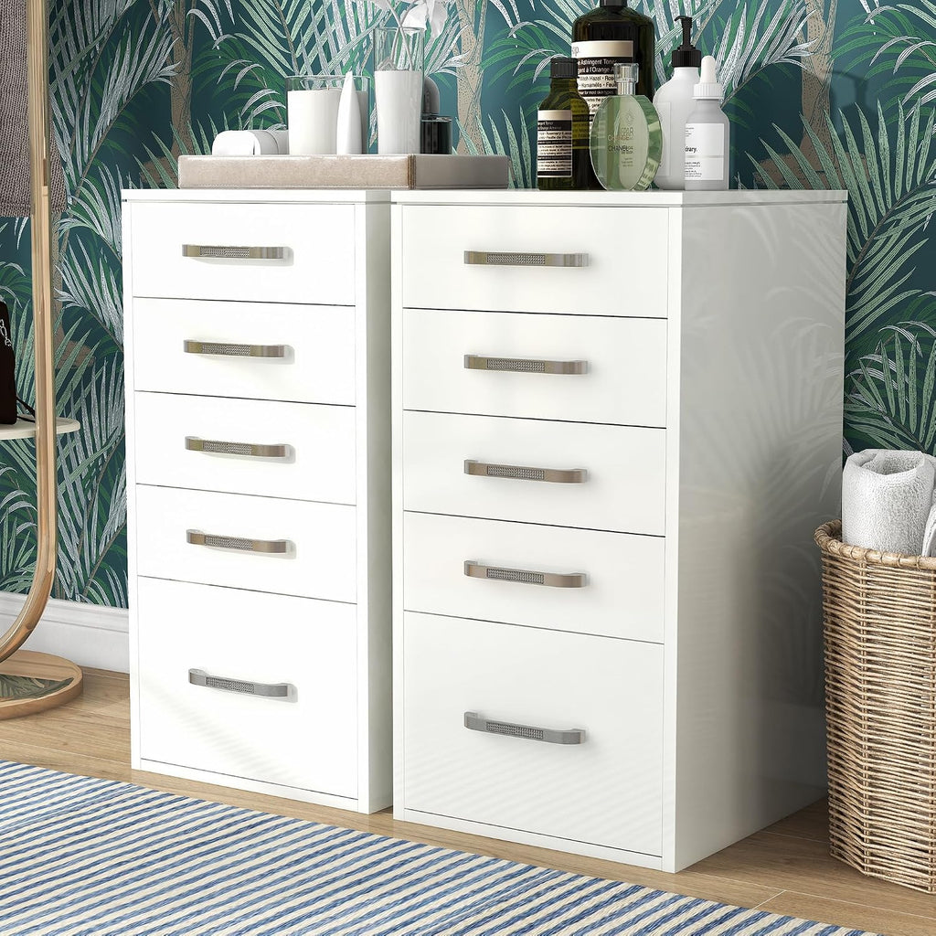 24/7 Shop at Home Alez Modern Wood 5 Drawers Makeup Vanity Dresser, Set of 2 for Bedroom, Dressing Room, Bathroom, Guest Room, White