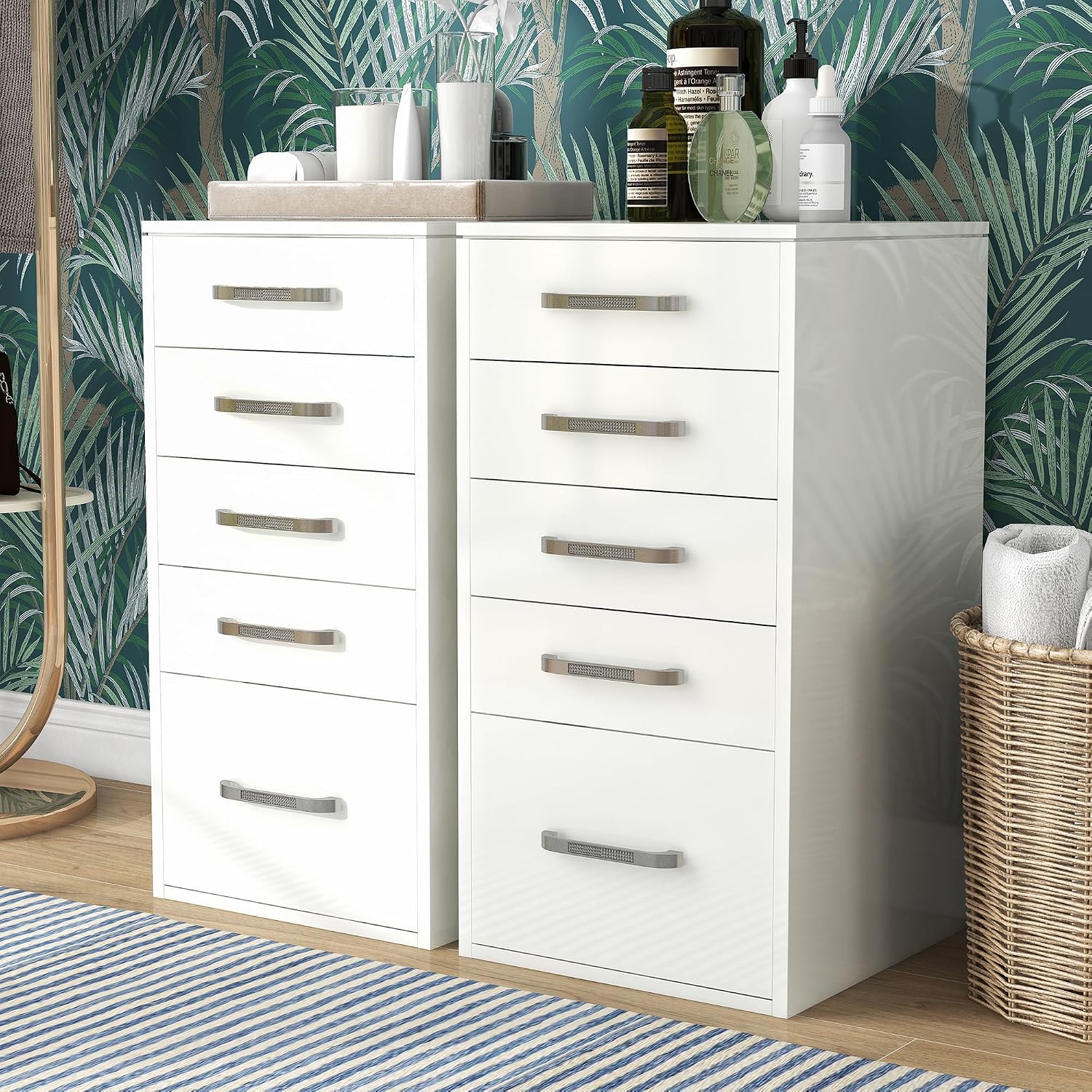 24/7 Shop at Home Alez Modern Wood 5 Drawers Makeup Vanity Dresser, Set of 2 for Bedroom, Dressing Room, Bathroom, Guest Room, White