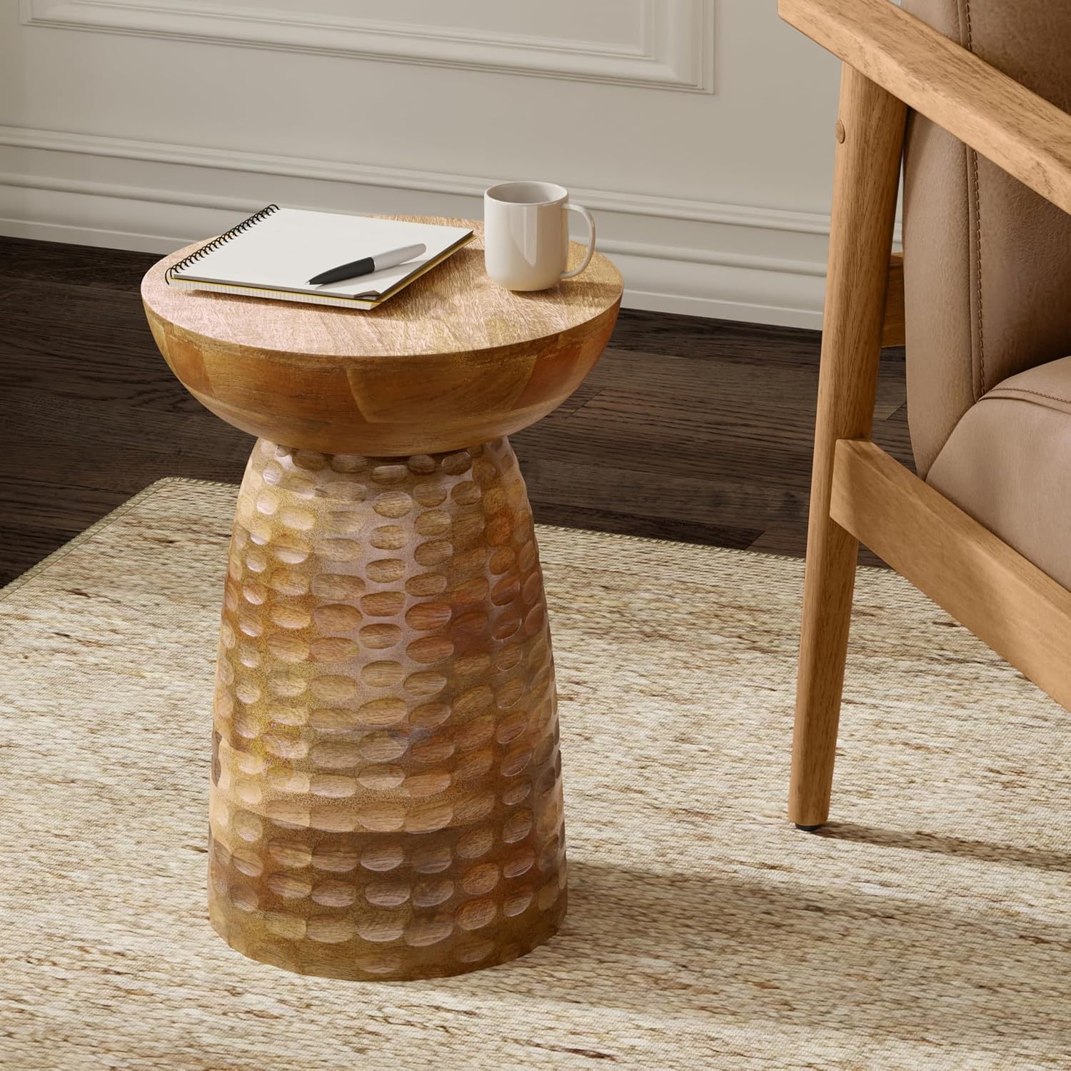 SIMPLIHOME Boyd End Table - 13' Wide x 18' High Solid Mango Wood Round Accent Table in Natural, Handcrafted Contemporary Nightstand or Lamp Stand for Living Room, Bedroom, or Office, Assembled