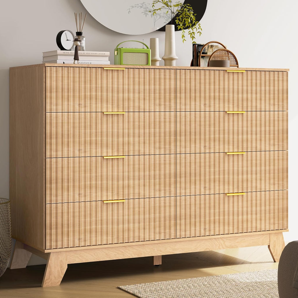 Fluted Dresser for Bedroom, 8 Drawer Dressers & Chest of Drawers, Mid Century Modern Dresser for Closet Boho Bedroom Furniture, Nature Wood Chest of Drawers Storage Organizer for Living Room, White