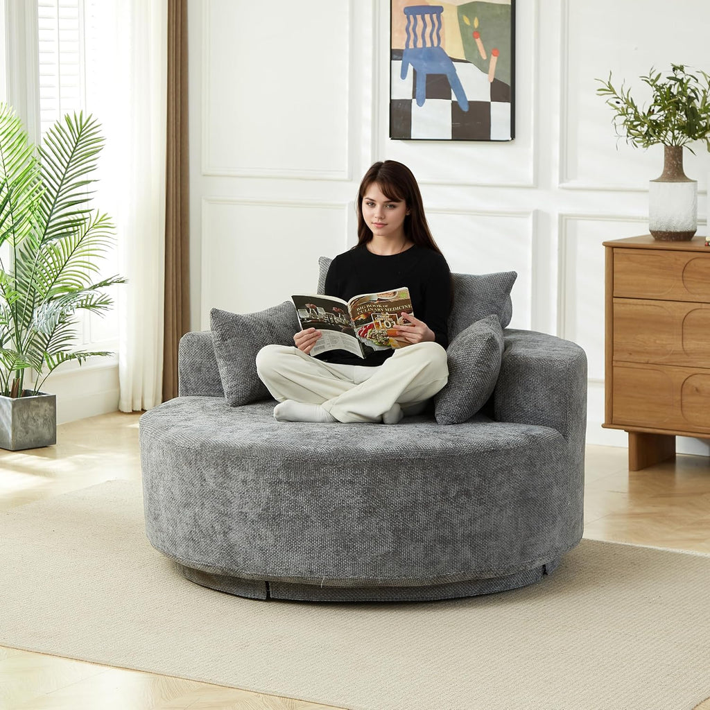 KEIKI 55' Oversized Swivel Accent Chair, Chenille Barrel Chairs Upholstered Round Swivel Chair, Single Sofa Armchair, Sleeper Chair for Living Room, Lounge, Grey