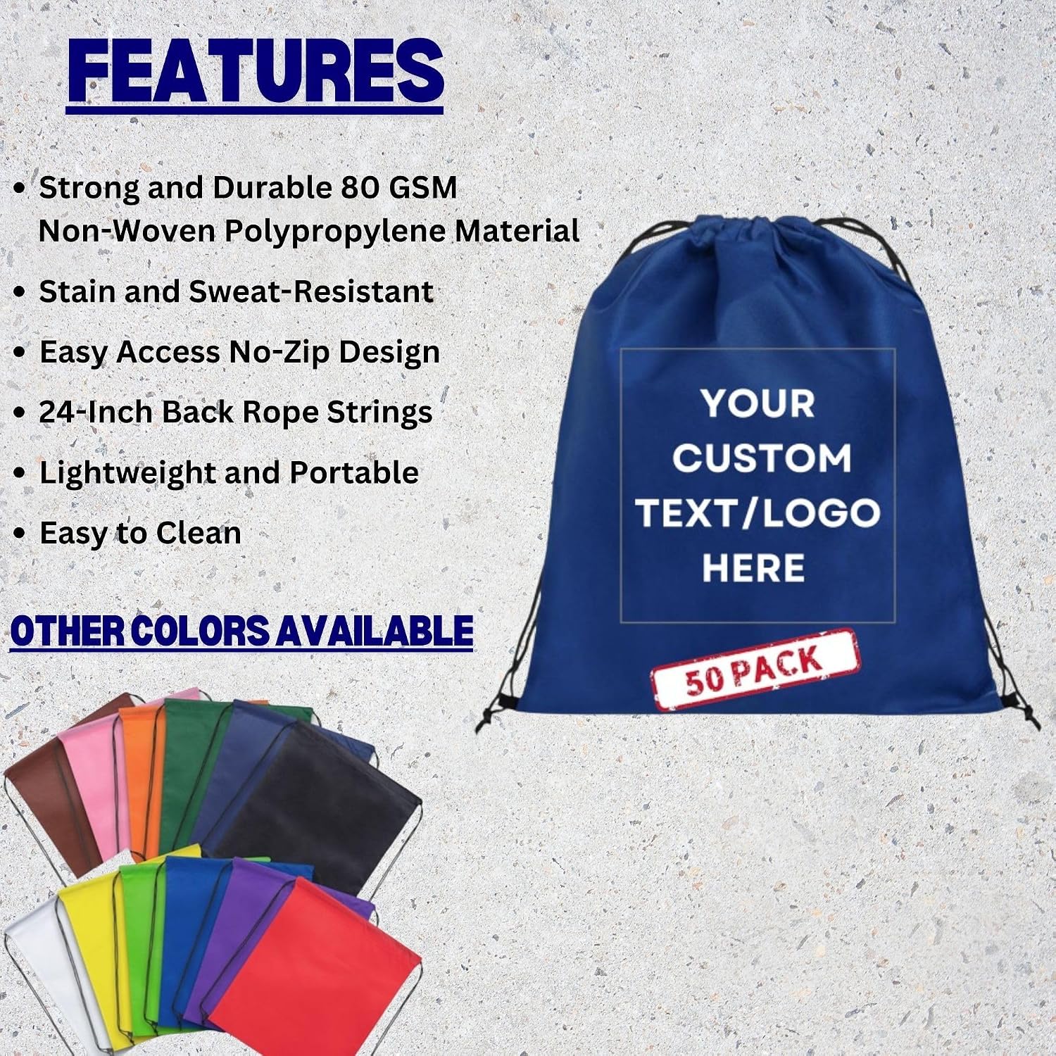 HANDSY Non-Woven Custom Drawstring Bags - Personalized Drawstring Backpack- Custom Bags with Logo for Traveling,Gym and Everyday Use (50, Blue)