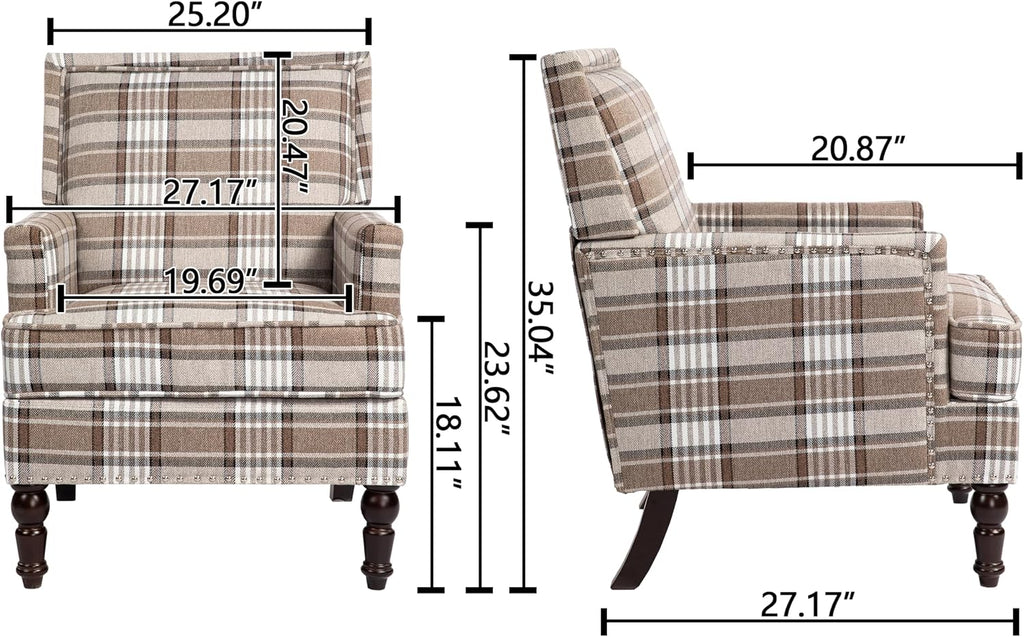 Accent Chair, Plaid Gingham Cozy Comfy Modern Comfy Mid-Century Accent Chairs, Upholstered Lounge Arm Chair with Solid Wood Frame for Living Room/Bedroom-Brown Plaid