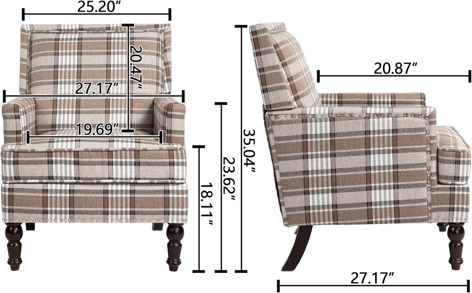 Accent Chair, Plaid Gingham Cozy Comfy Modern Comfy Mid-Century Accent Chairs, Upholstered Lounge Arm Chair with Solid Wood Frame for Living Room/Bedroom-Brown Plaid