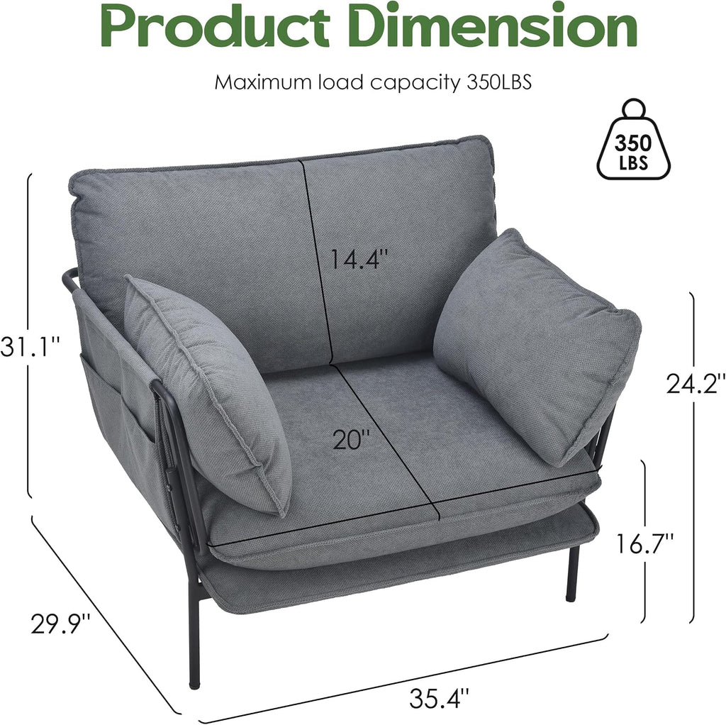 Modern Accent Chairs Set of 2, Oversized Living Room Chairs, Reading Chair with Solid Metal Legs, Fabric Armchair with Side Pockets and 2 Pillows, Accent Chairs for Bedroom, Nursery, Blue Gray