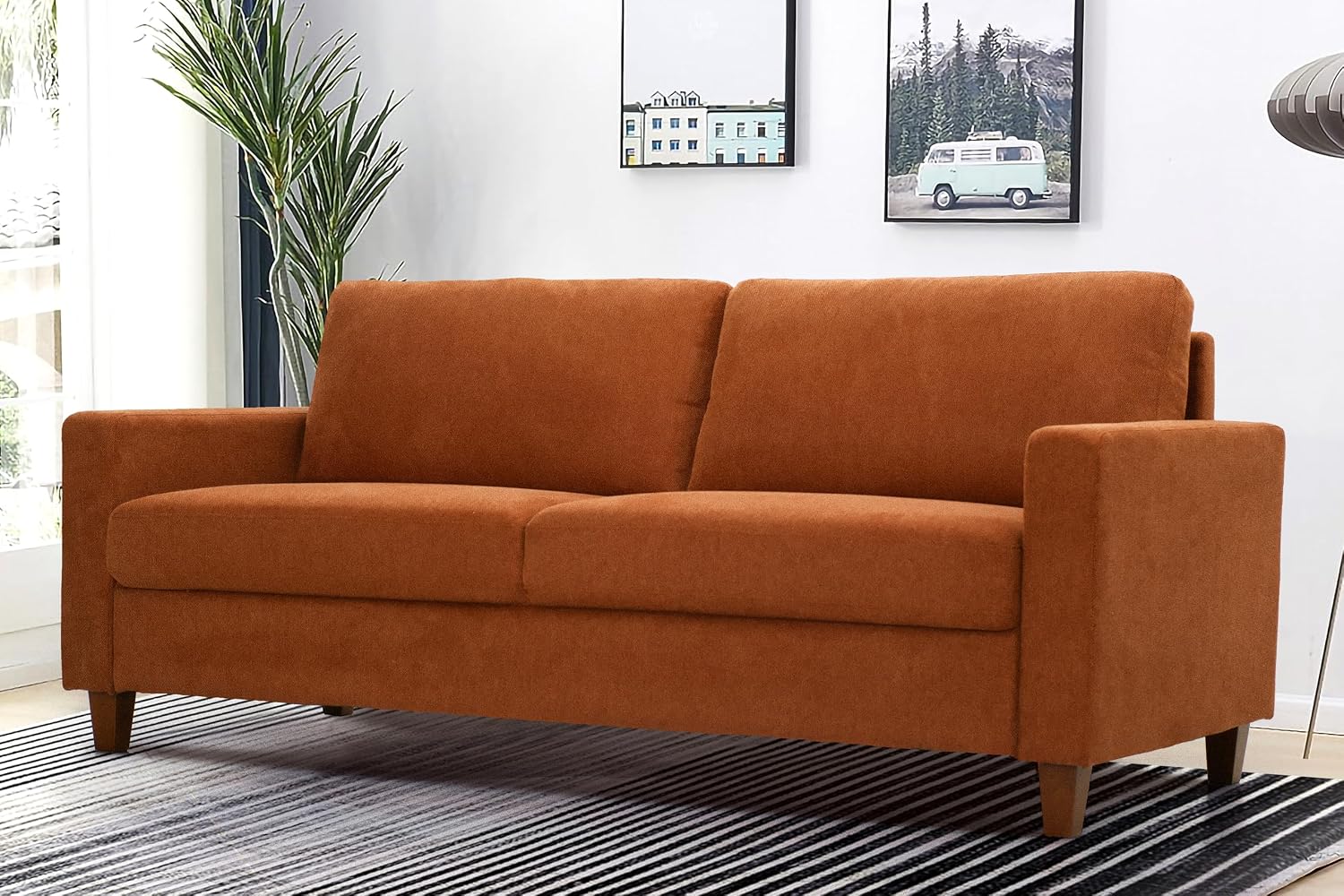 Container Furniture Direct Miles Mid Century Modern Couch for Small Spaces, Living Rooms, Apartments, and Condos, 3 Seater Sofa with Reversible Back Pillows, 77' Wide, Orange