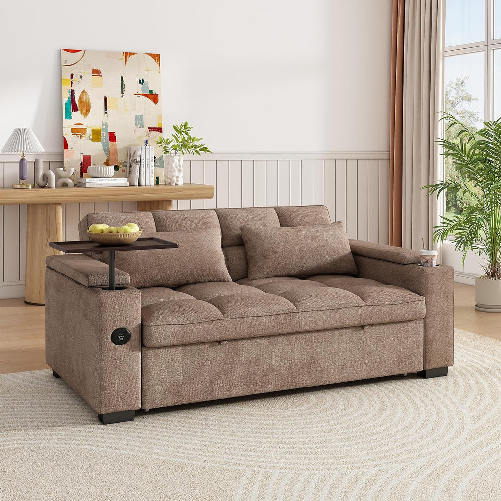 KEIKI 65' 3-in-1 Pull-Out Sofa Bed, Compact Convertible Sleeper Couch with Rotating Side Table, USB Charging Ports, Storage Armrests & Adjustable Comfort for Guests & Small Living Rooms