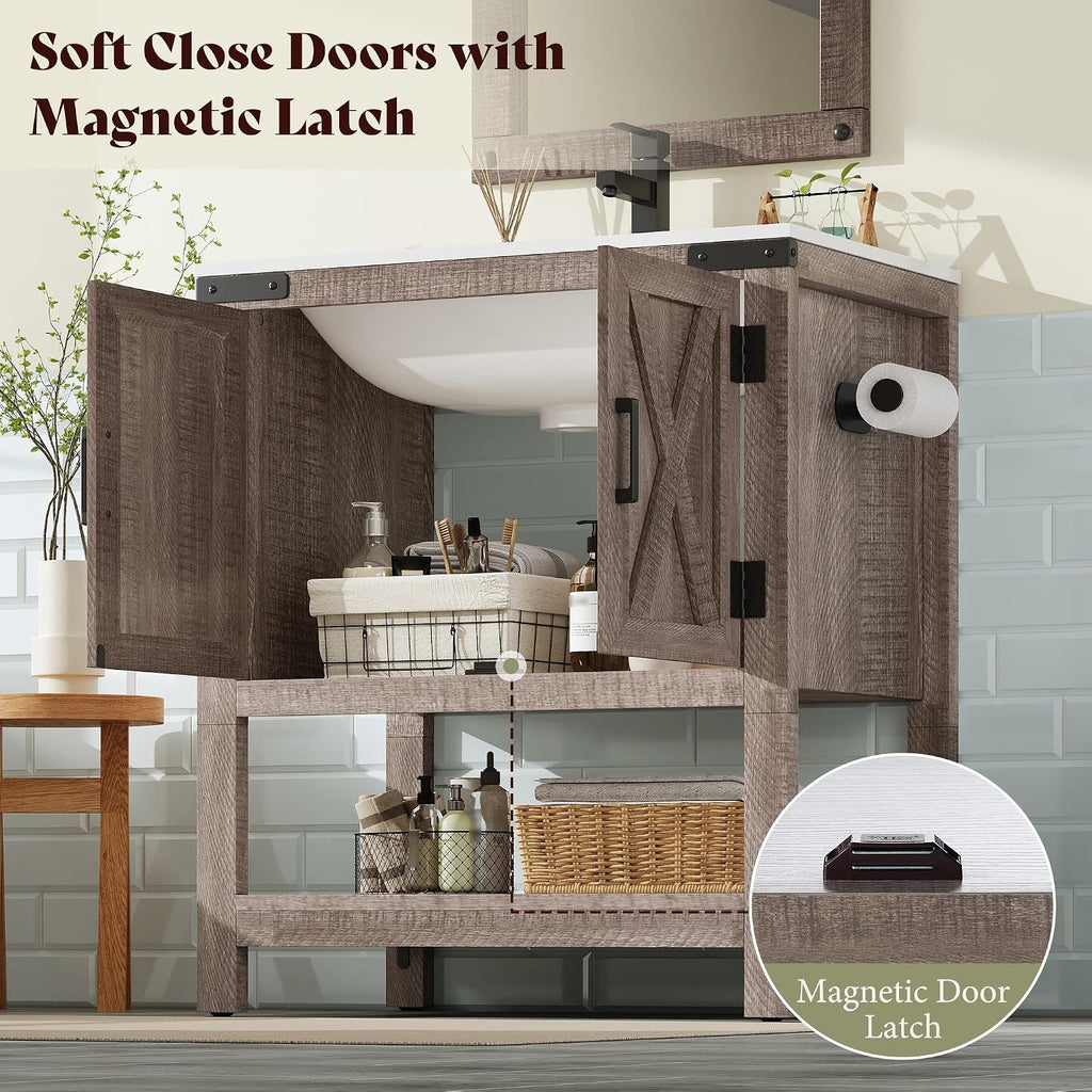 AMERLIFE 24' Farmhouse Bathroom Vanity with Sink Combo, Wood Barn Doors & Open Shelf, Freestanding Single Bathroom Storage Cabinet, Paper Towel Holder, Easy-Clean Countertop, Light Gray