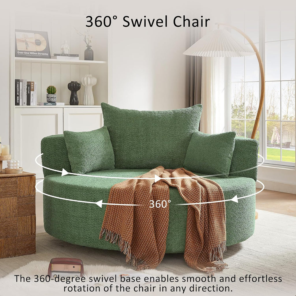 Merax 360° Swivel Chair, Chenille Fabric Accent Barrel Chair, Swivel Round Sofa Chair with 3 Removable Pillows for Living Room, Bedroom, Office and Hotel, Green