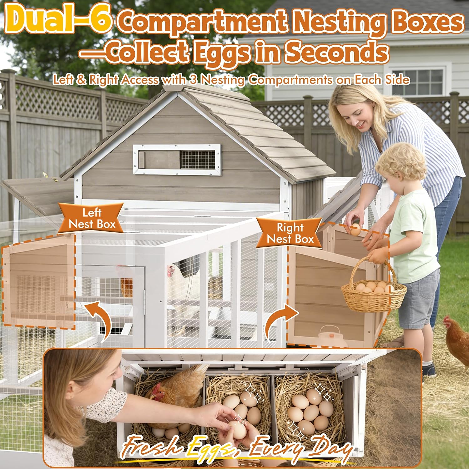 Ketive Extra Large Chicken Coop with 2 Runs for 8–10 Chickens Outdoor Wooden Hen House Poultry Cage with 6 Nesting Boxes, Dual Ramp Doors, Slide-Out Tray & Curved Roof (198.6' L x 38' W x 40.2' H)