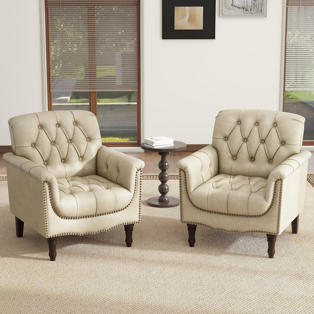 Lumibee Faux Leather Armchairs, Contemporary Accent Chairs Set of 2 with Nailhead Trims & Wood Legs for Living Room, Upholstered Comfy Arm Chairs for Office,Bedroom-Beige