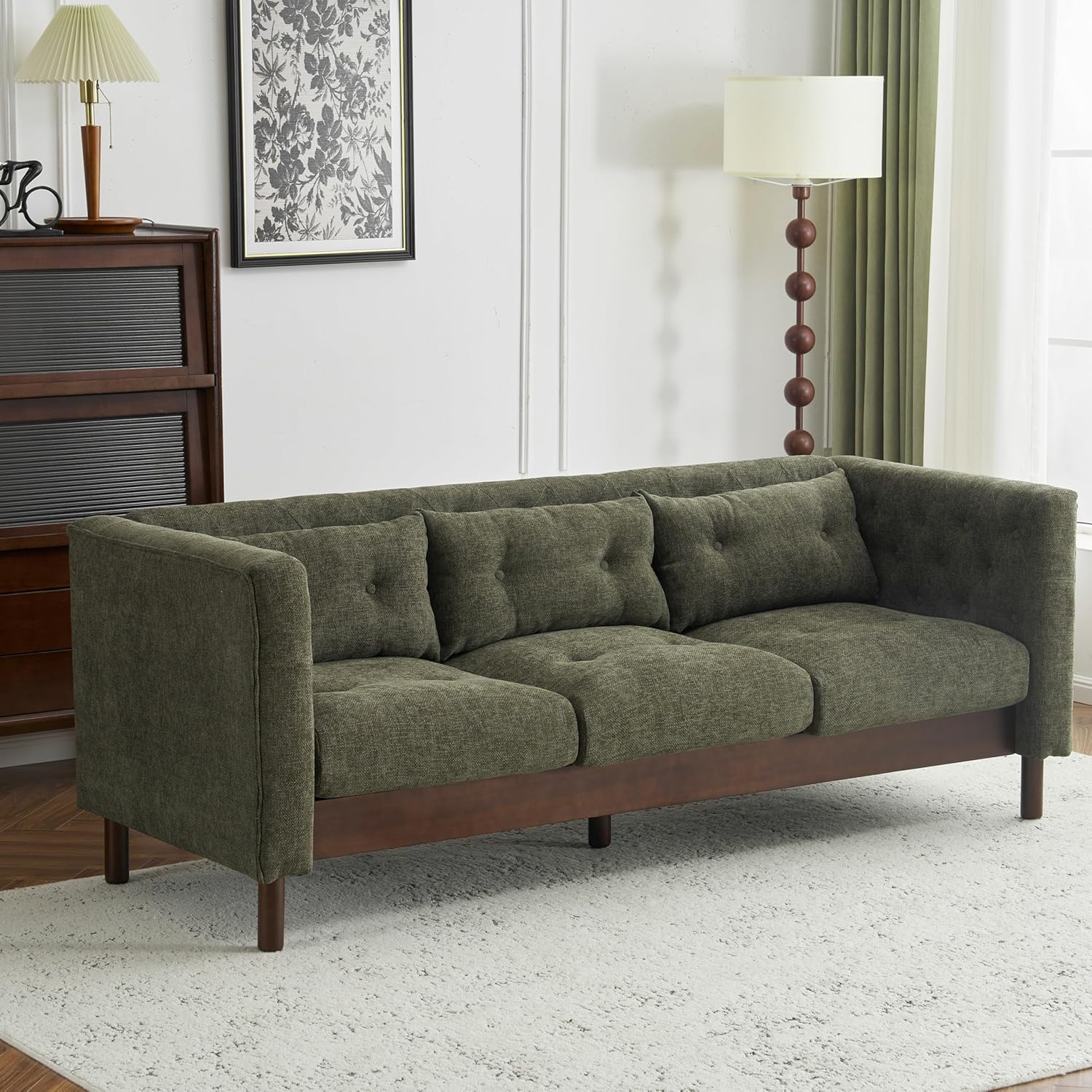 Christopher Knight Home Marloo 3 Seater Sofa Couch, Upholstered Couch, Linen-Like Tufted Back Sofa with Arm Rest, Rubberwood Legs, 78' Spacious Seating for Living Room Home Rest, Dark Green