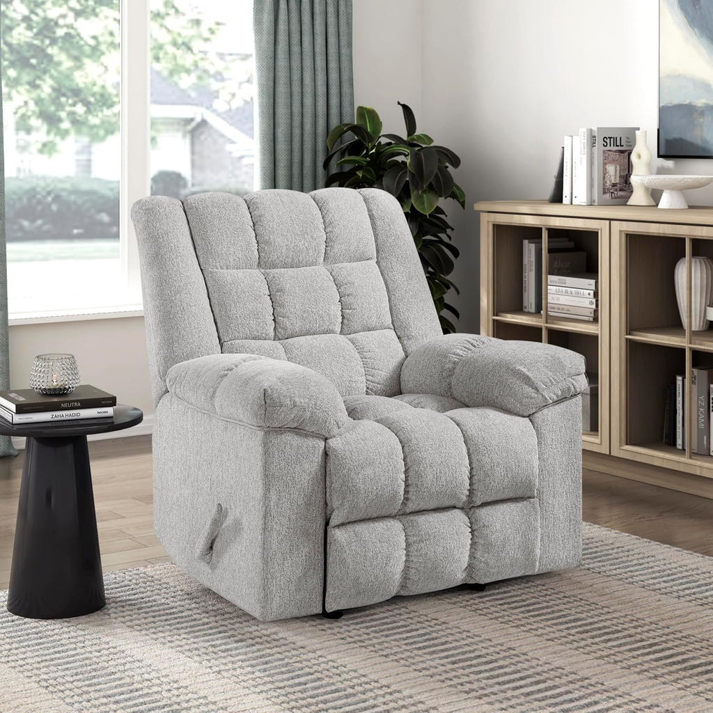 Lexicon Chenille Rocker Reclining Chair for Adults, Rocker Pull Handle Recliner, Nursery Chair for Living Room/Bedroom, High Back, Pillow Top Arms, High Density Foam Cushions, Light Grey