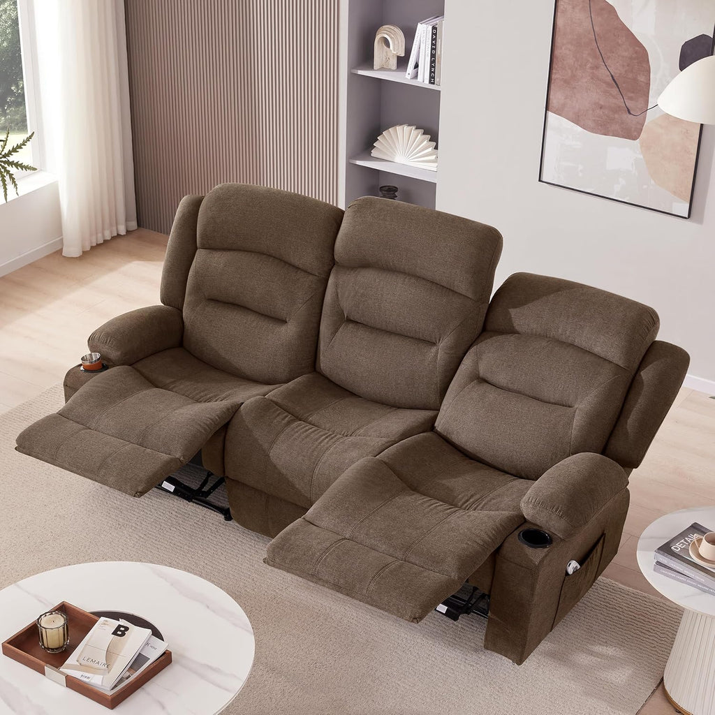 Weture Oversized Recliner Sofa with Heat and Massage, Wall-Hugger Reclining Sofa with Cup Holders and USB Port, Big Large 3-Seater RV Recliner Couch Sofa for Living Room (Fabric, Brown)