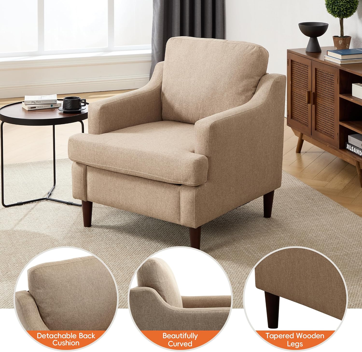 Ketaiyou Mid-Century Accent Chair Modern Linen Fabric Armchair for Living Room,Comfy Upholstered Reading Chairs for Bedroom,Single Sofa Chair with Wood Legs (Khaki, Set of 1)