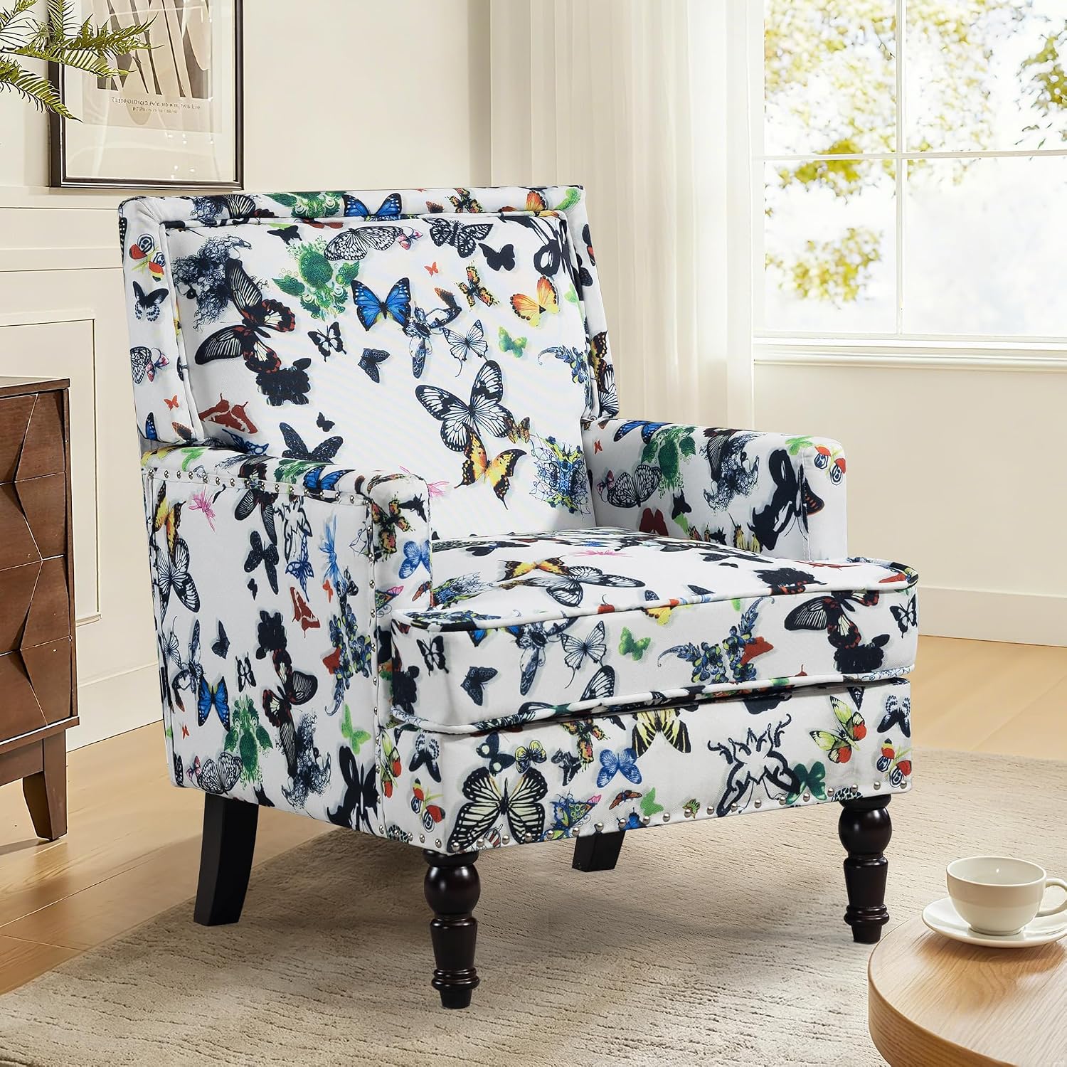 Accent Chair, Modern Comfy Mid-Century Accent Chairs, Linen Upholstered Wingback Lounge Arm Chair with Solid Wood,Single Floral Pattern Sofa Chair for Living Room/Office/Balcony/Bedroom