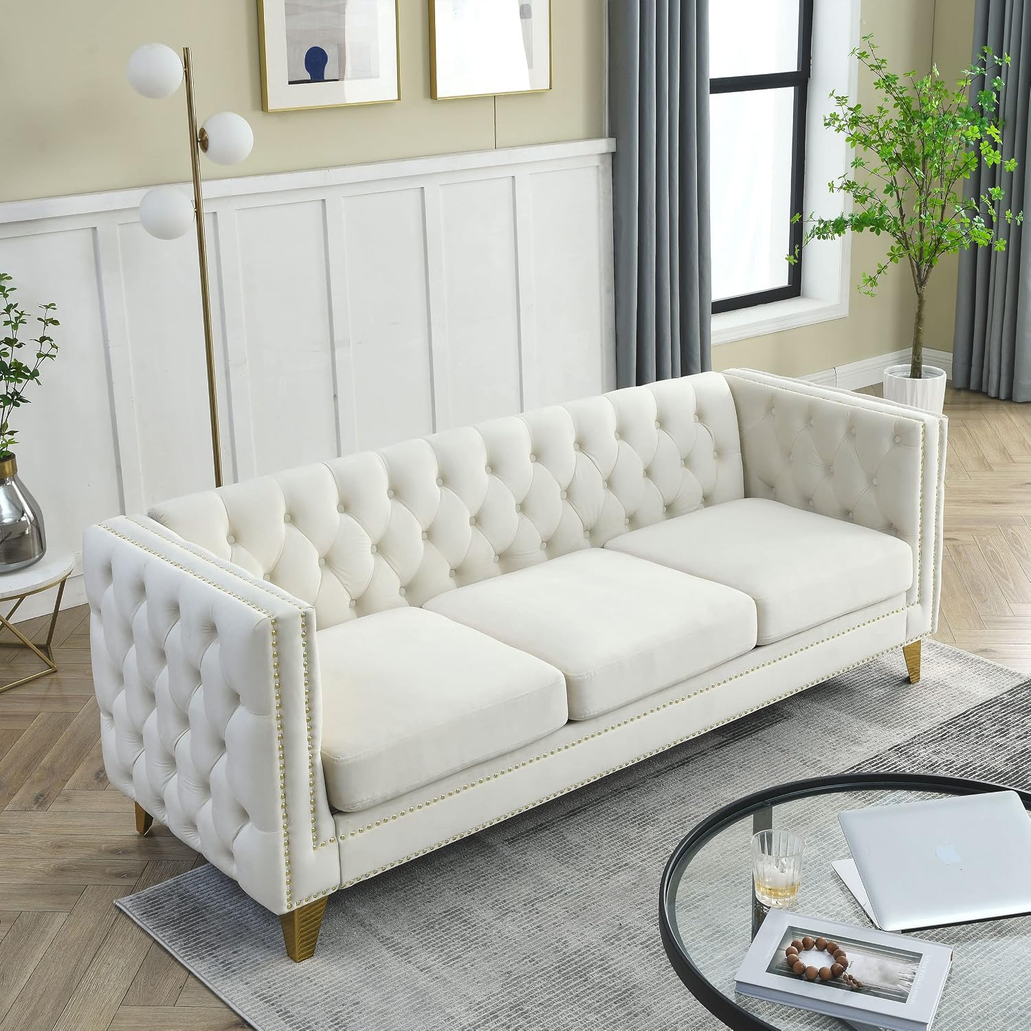 KEIKI 3 Seat Tufted Velvet Sofa Couch for Living Room, Buttons Tufted Square Arm Couch for Home Apartment, Beige